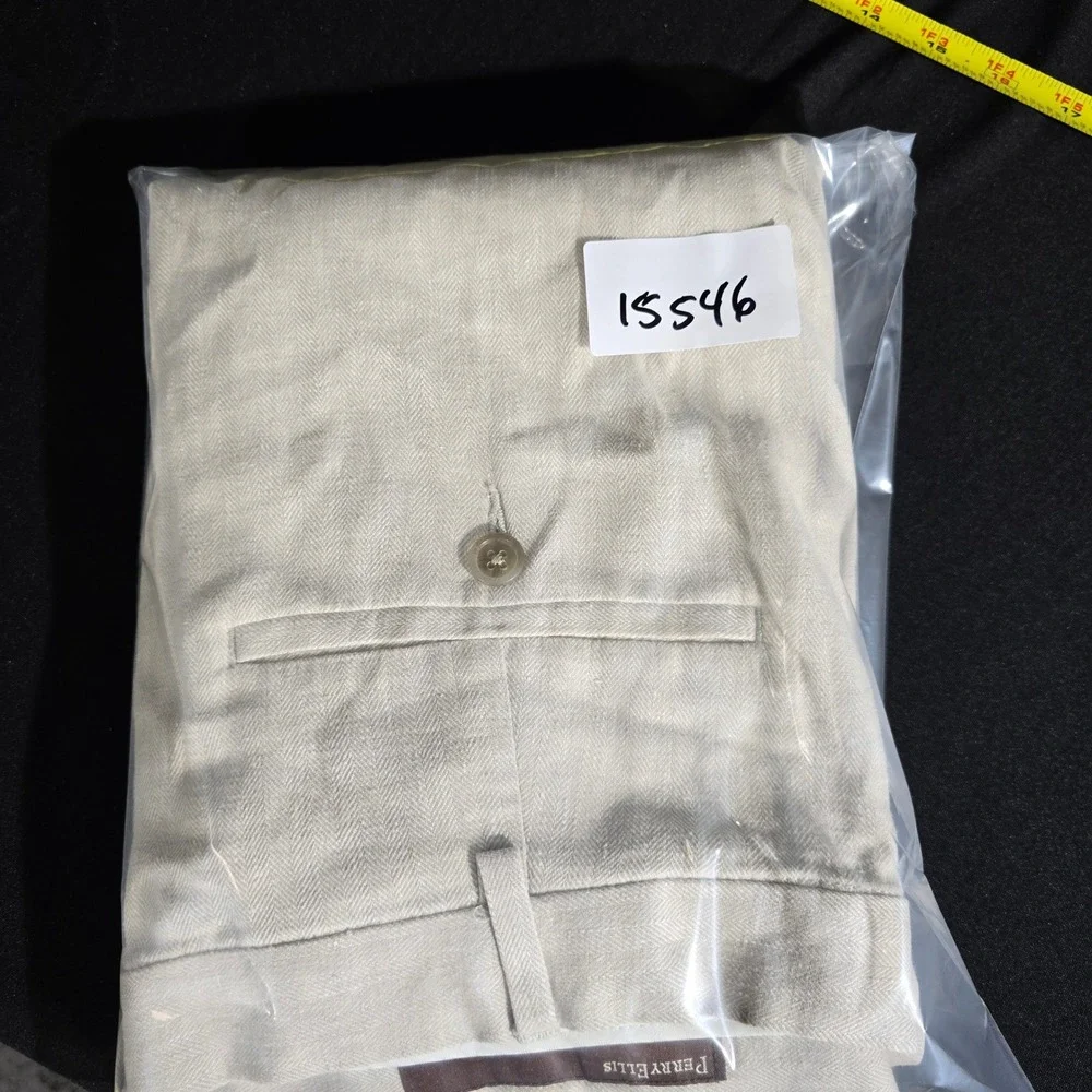 Perry Ellis Linen Blend Pants Mens 36x32 Cream Herringbone Flat Front Straight
